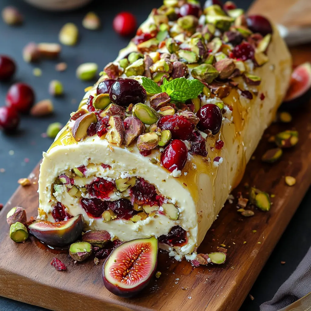 Rollo de queso con frutos, decorado con pistachos, higos y miel sobre tabla de madera