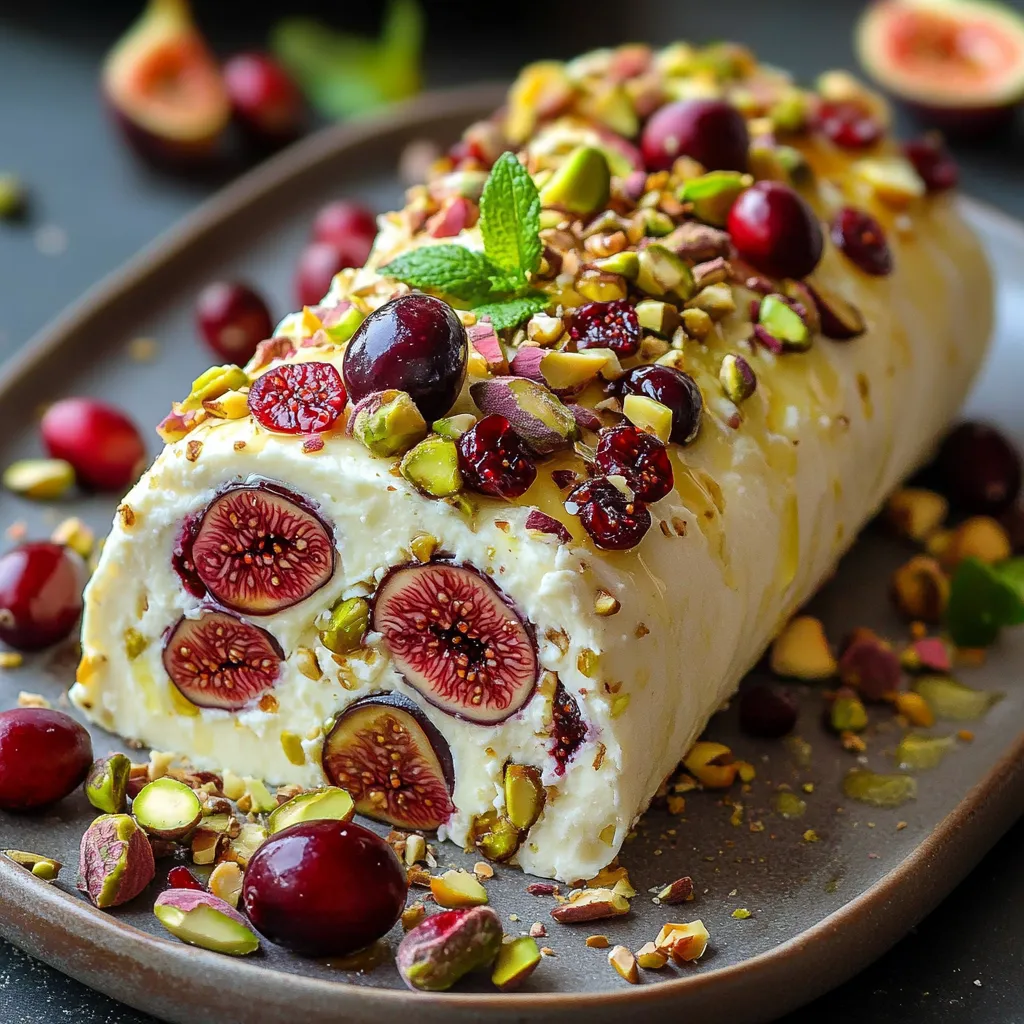 Rollo de queso con frutos, decorado con pistachos, higos y miel sobre tabla de madera