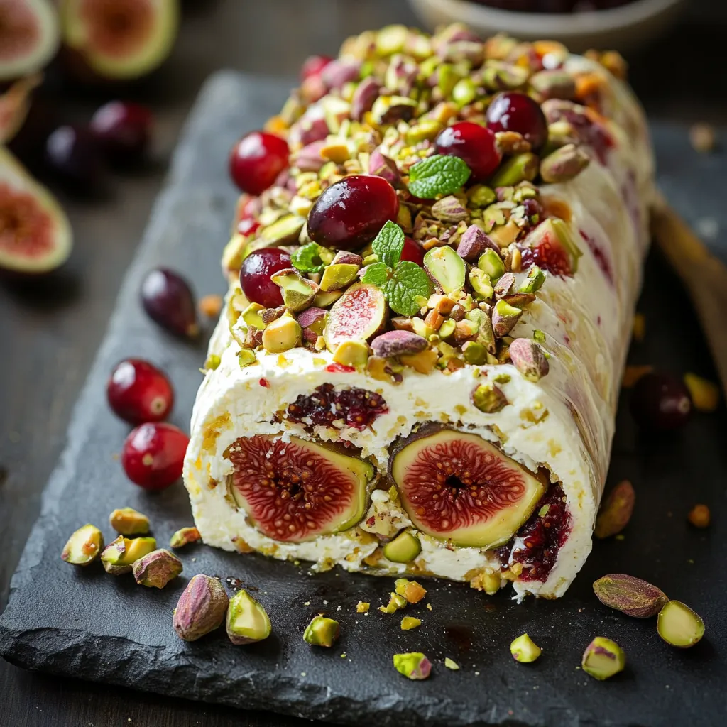 Rollo de queso con frutos, decorado con pistachos, higos y miel sobre tabla de madera