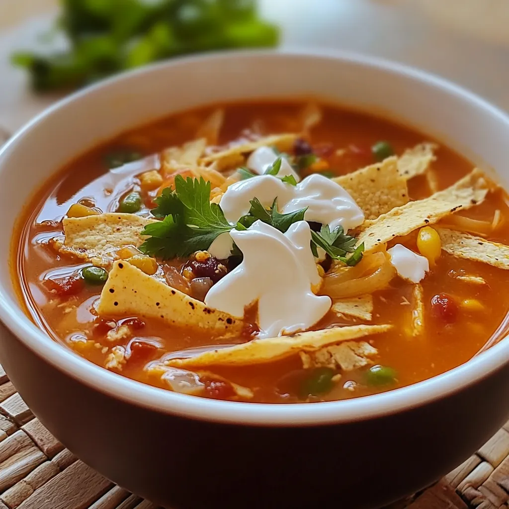 Sopa de tortilla tradicional servida con aguacate, crema, queso fresco y chile pasilla.