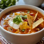 Sopa de tortilla tradicional servida con aguacate, crema, queso fresco y chile pasilla.