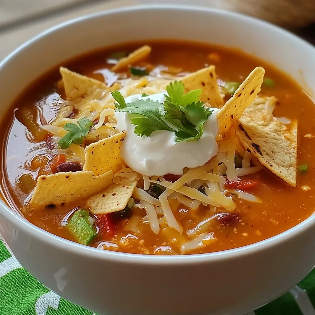 Sopa de tortilla tradicional servida con aguacate, crema, queso fresco y chile pasilla.