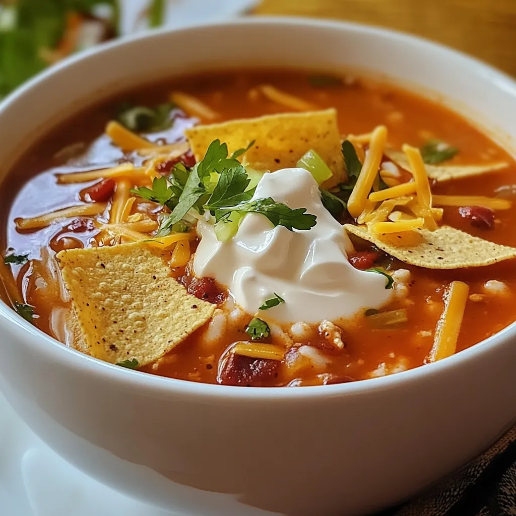 Sopa de tortilla tradicional servida con aguacate, crema, queso fresco y chile pasilla.