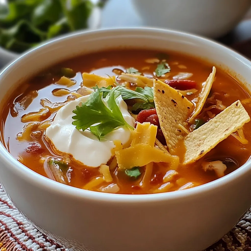 Sopa de tortilla tradicional servida con aguacate, crema, queso fresco y chile pasilla.