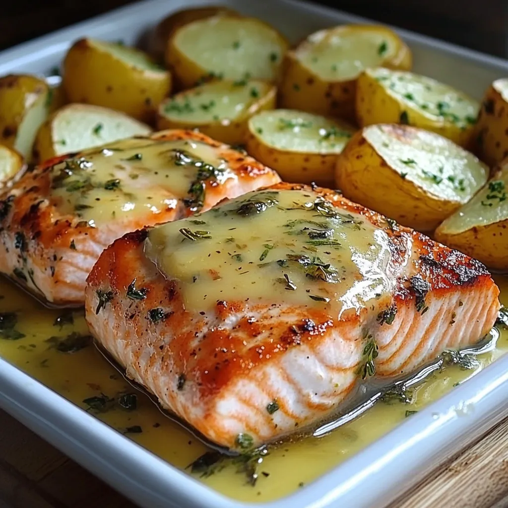 Bandeja de salmón al horno con papas doradas y espárragos verdes