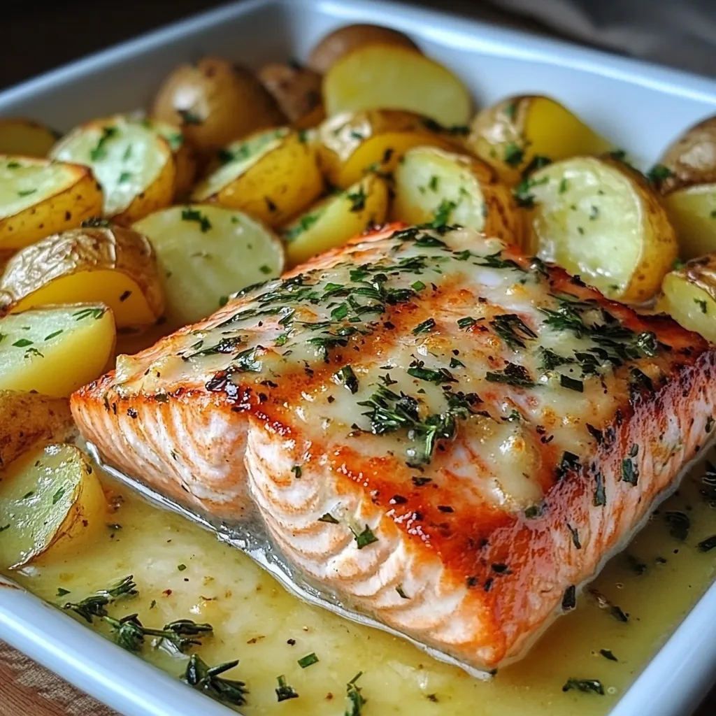 Bandeja de salmón al horno con papas doradas y espárragos verdes