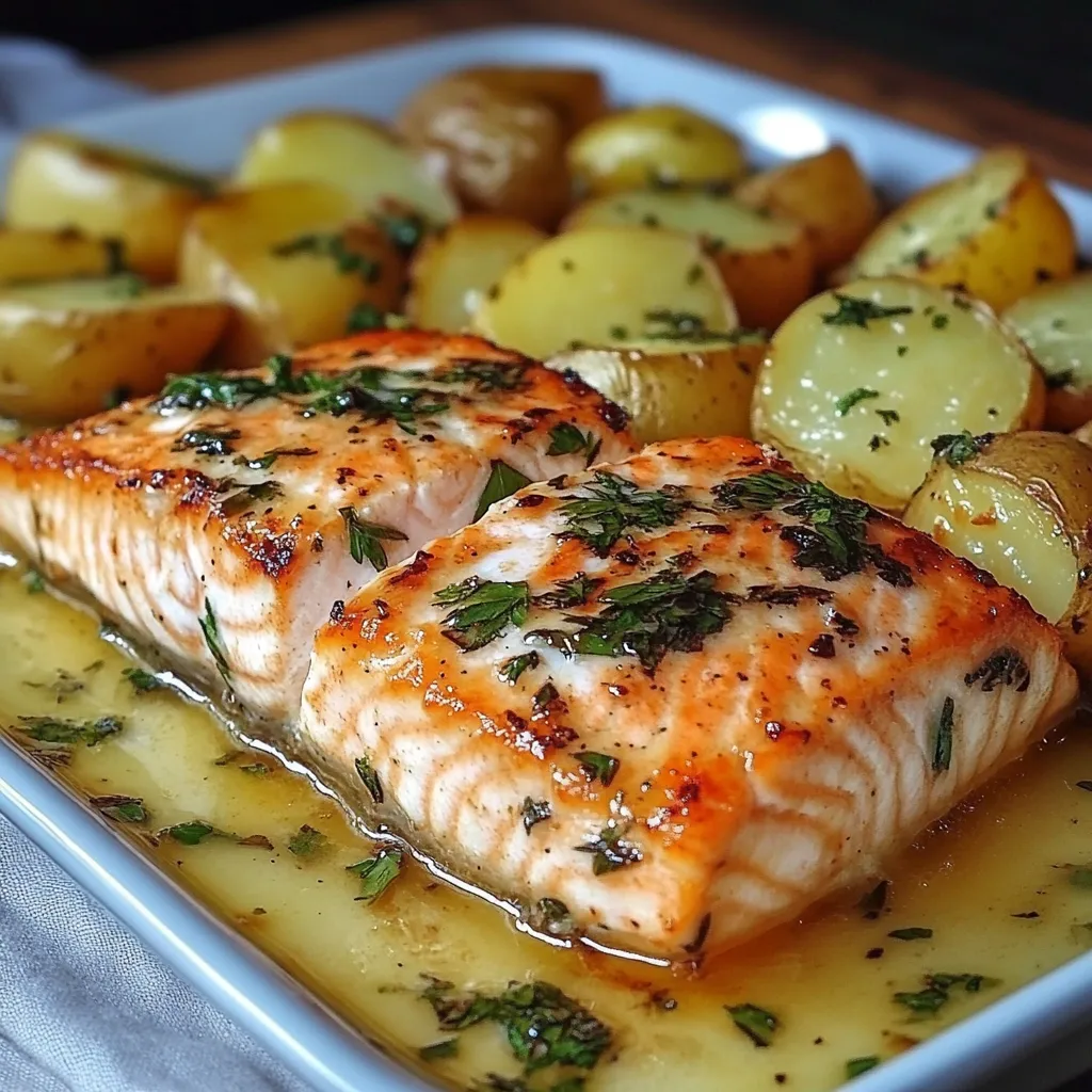Bandeja de salmón al horno con papas doradas y espárragos verdes