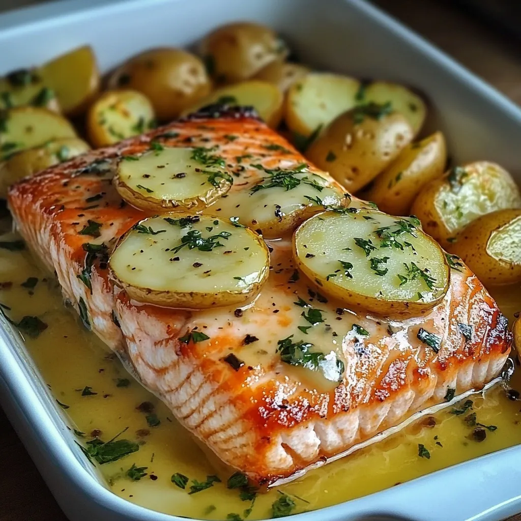 Bandeja de salmón al horno con papas doradas y espárragos verdes