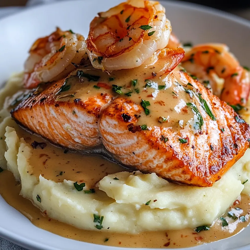 Filete de salmón y camarones servidos sobre puré de papas, cubiertos con salsa cremosa toscana con espinacas y tomates.