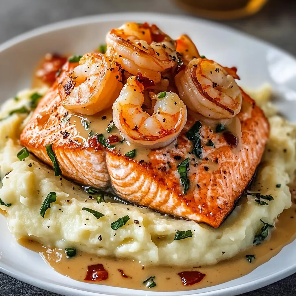 Filete de salmón y camarones servidos sobre puré de papas, cubiertos con salsa cremosa toscana con espinacas y tomates.