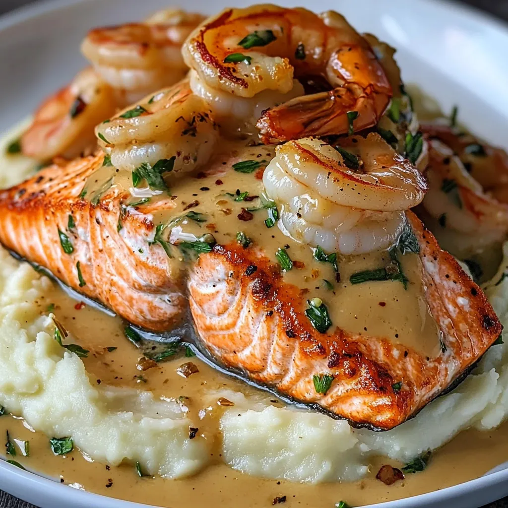 Filete de salmón y camarones servidos sobre puré de papas, cubiertos con salsa cremosa toscana con espinacas y tomates.