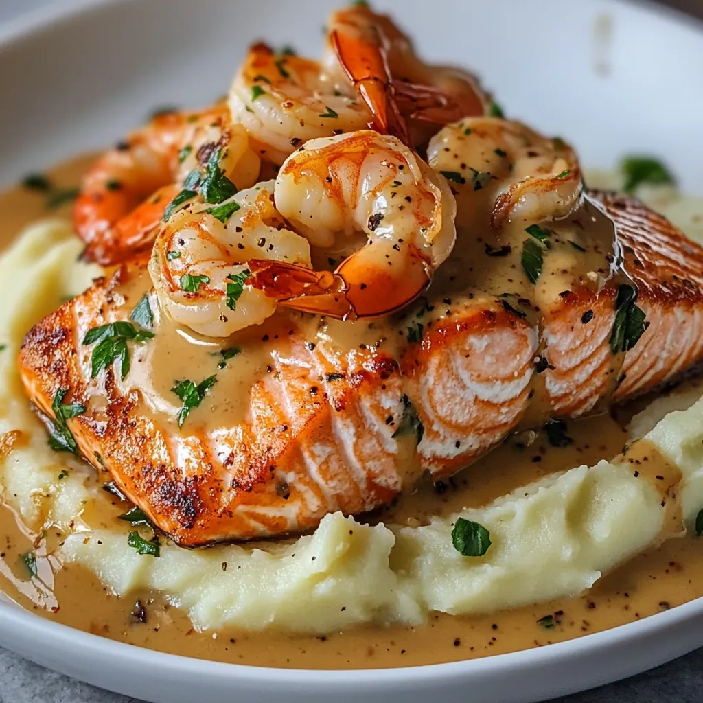 Filete de salmón y camarones servidos sobre puré de papas, cubiertos con salsa cremosa toscana con espinacas y tomates.