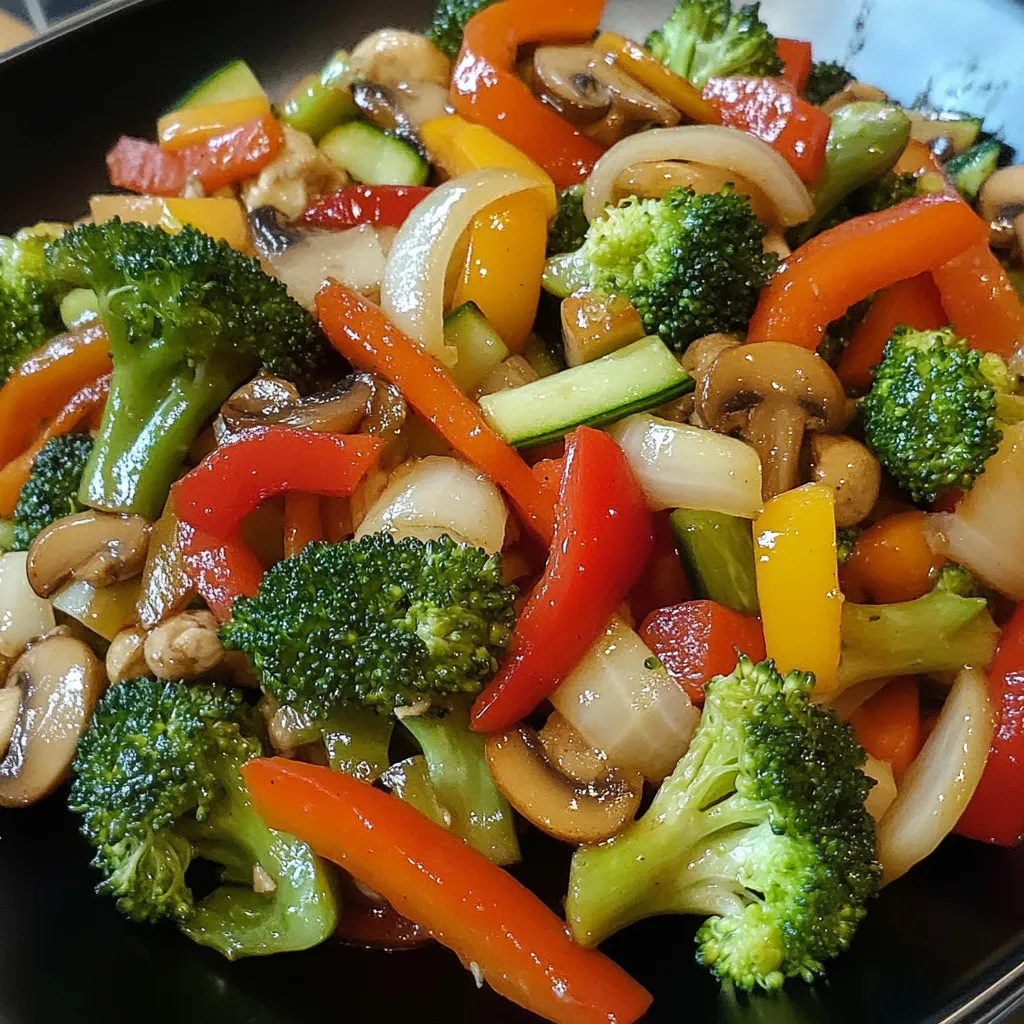 Salteado de verduras crujientes en sartén con brócoli, pimientos, zanahoria y champiñones