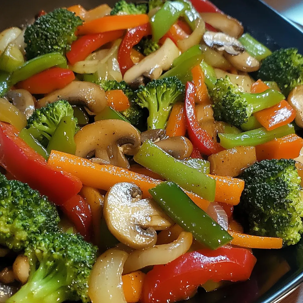 Salteado de verduras crujientes en sartén con brócoli, pimientos, zanahoria y champiñones