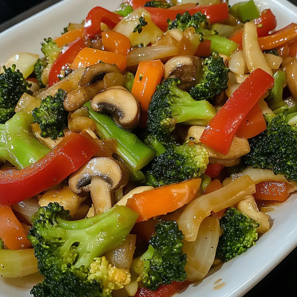 Salteado de verduras crujientes en sartén con brócoli, pimientos, zanahoria y champiñones