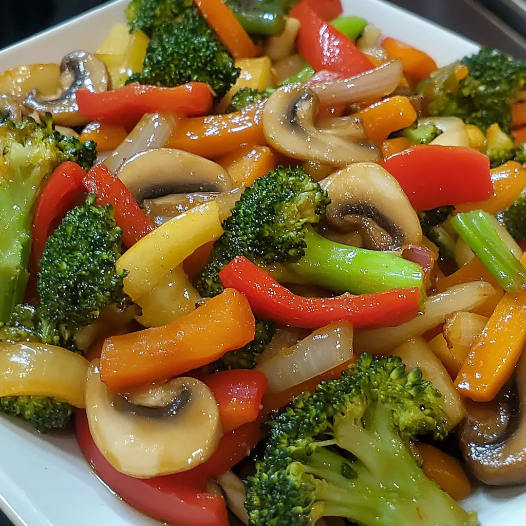 Salteado de verduras crujientes en sartén con brócoli, pimientos, zanahoria y champiñones