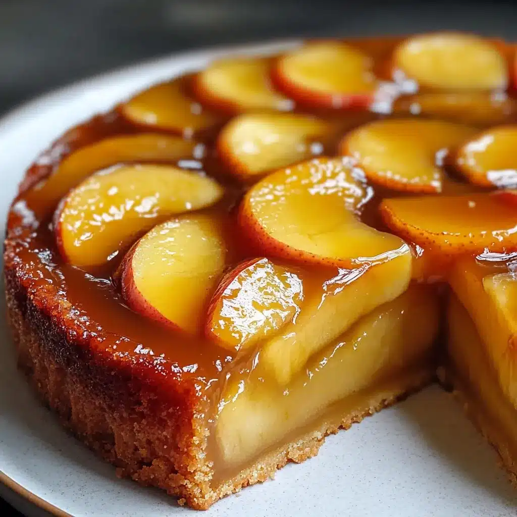 Tarta de manzana invertida casera con manzanas caramelizadas recién desmoldada