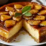 Tarta de queso con cobertura de manzanas caramelizadas sobre base de galleta en un plato blanco