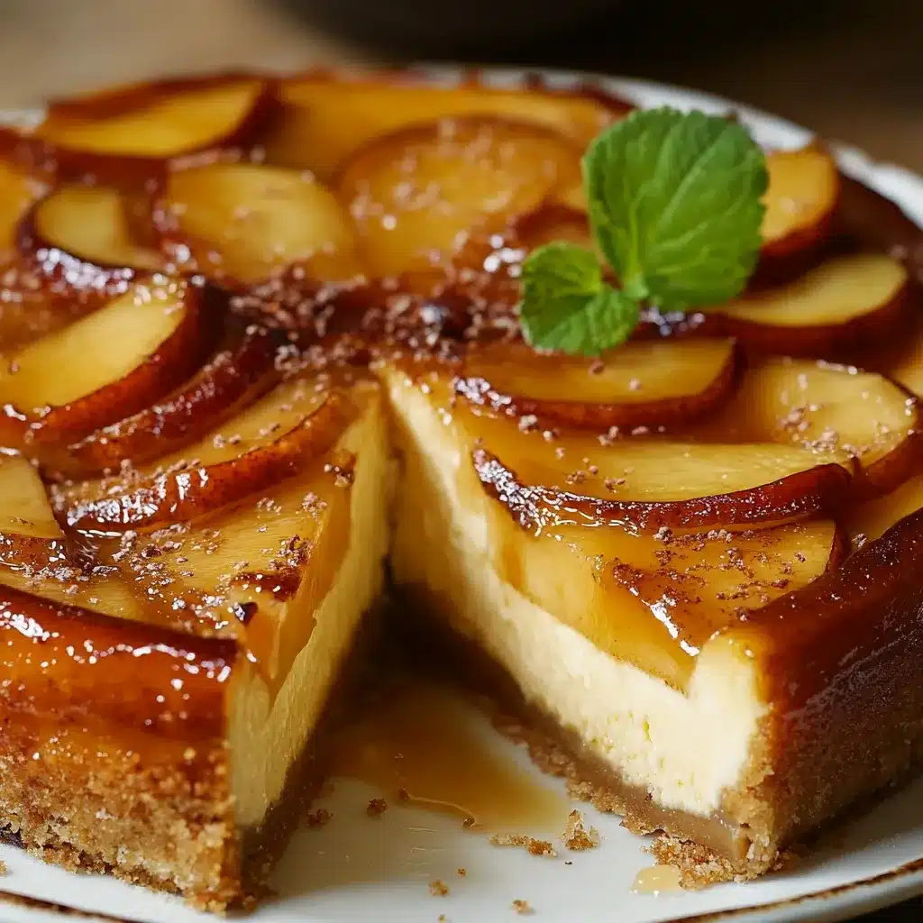 Tarta de queso con cobertura de manzanas caramelizadas sobre base de galleta en un plato blanco