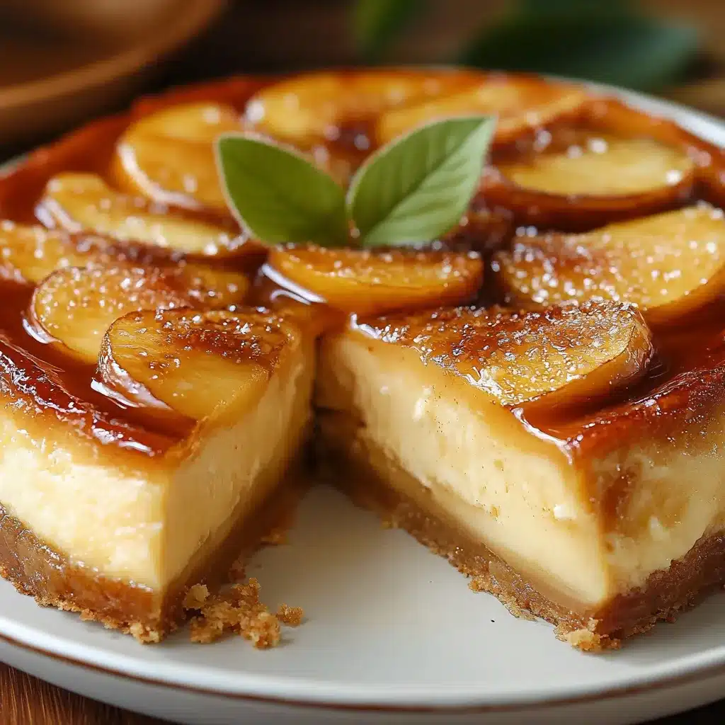 Tarta de queso con cobertura de manzanas caramelizadas sobre base de galleta en un plato blanco