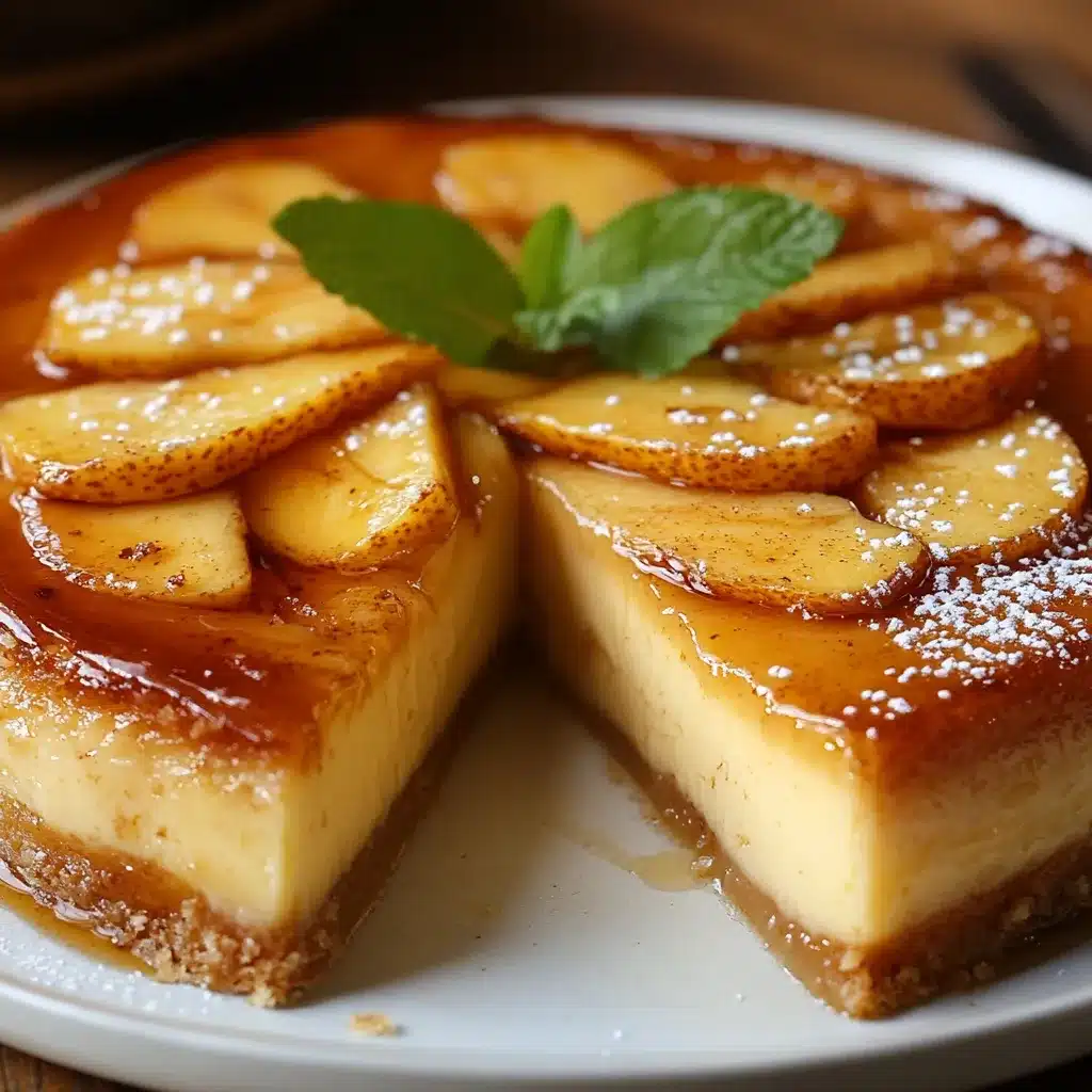 Tarta de queso con cobertura de manzanas caramelizadas sobre base de galleta en un plato blanco