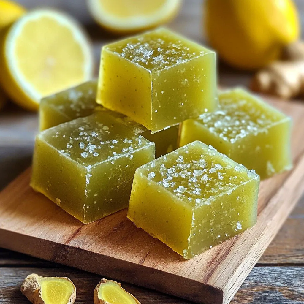 Masticables caseros de té verde con limón y jengibre en moldes de silicona sobre bandeja de madera.