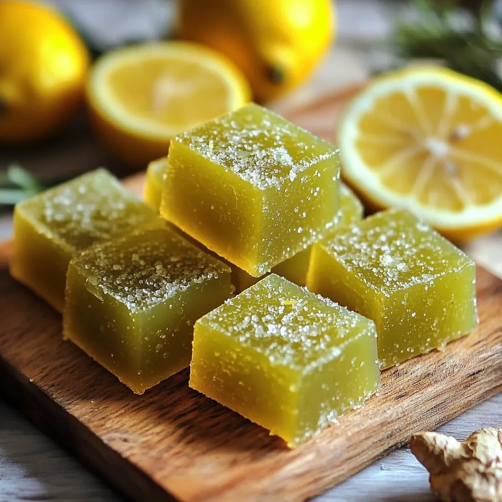 Masticables caseros de té verde con limón y jengibre en moldes de silicona sobre bandeja de madera.