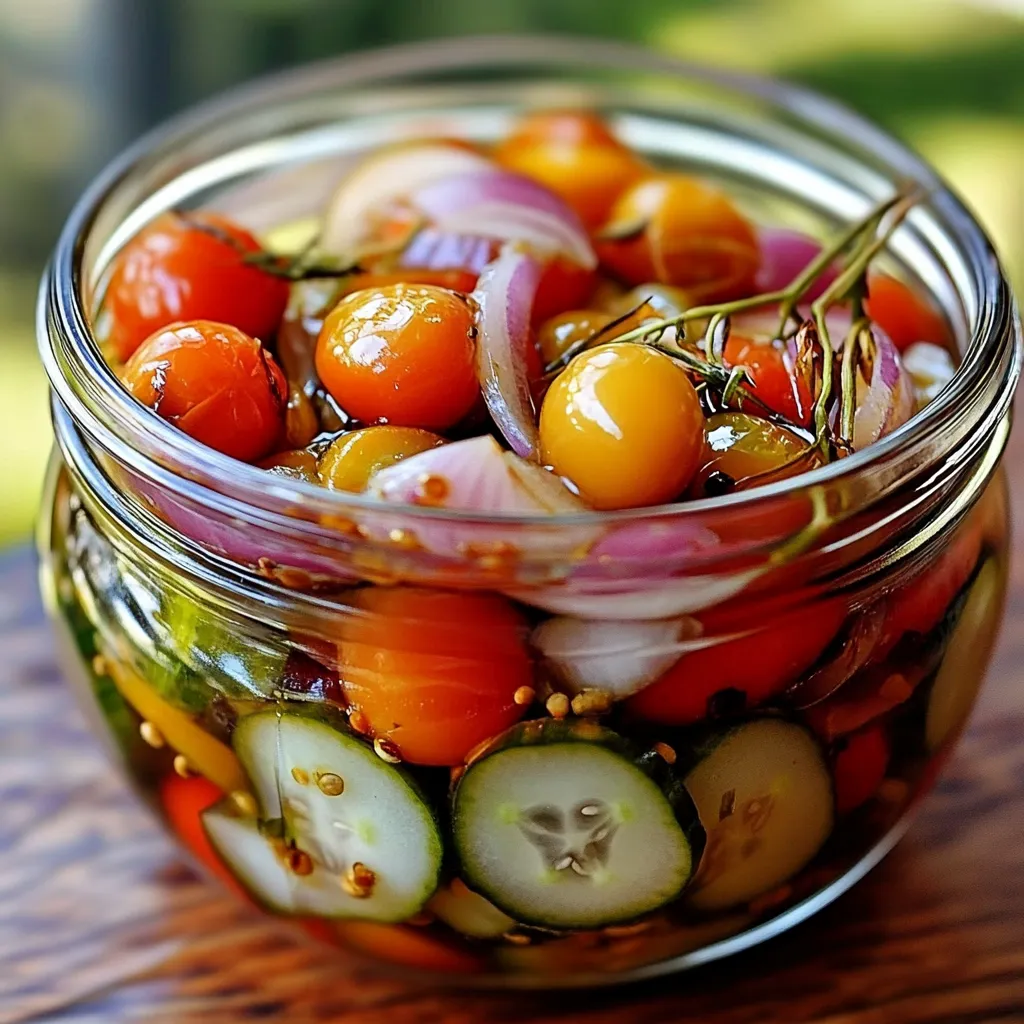 Frasco de tomates cherry, cebolla roja y pepinos en escabeche casero