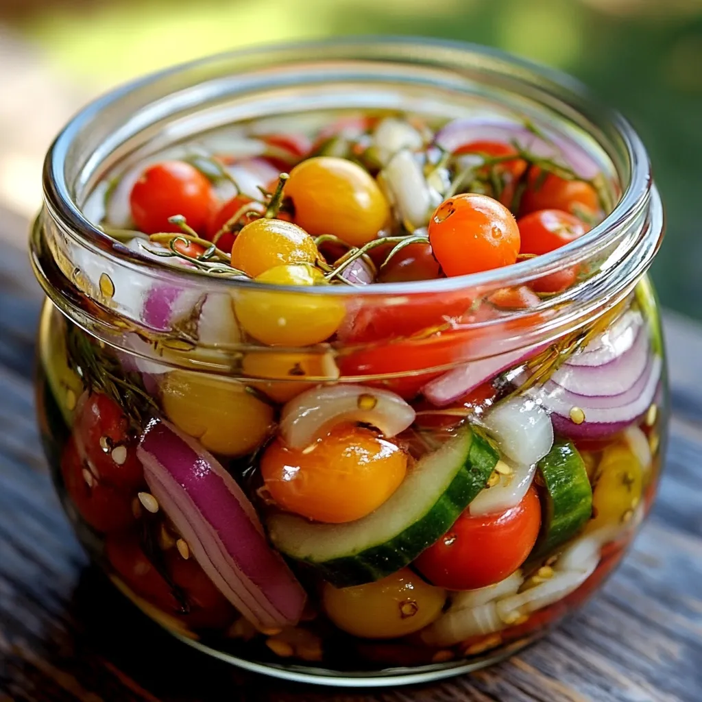 Frasco de tomates cherry, cebolla roja y pepinos en escabeche casero