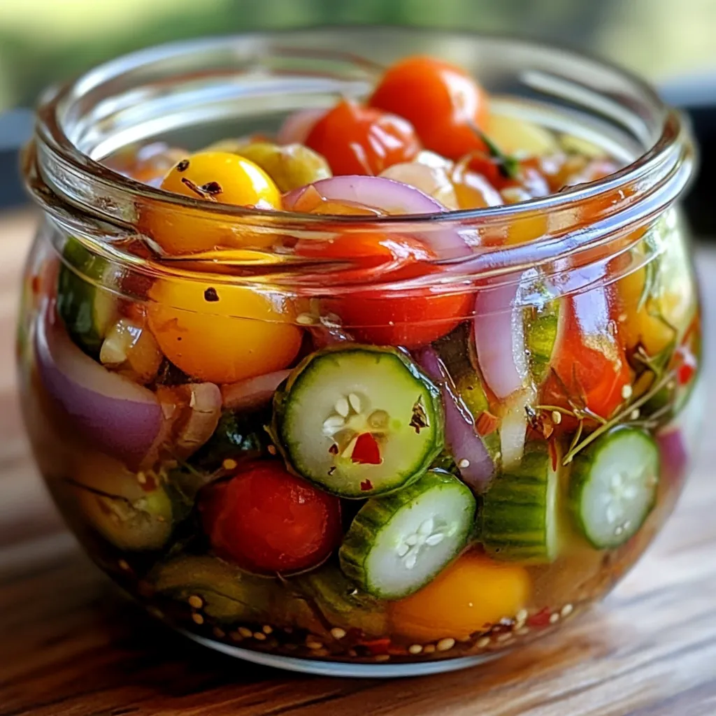 Frasco de tomates cherry, cebolla roja y pepinos en escabeche casero