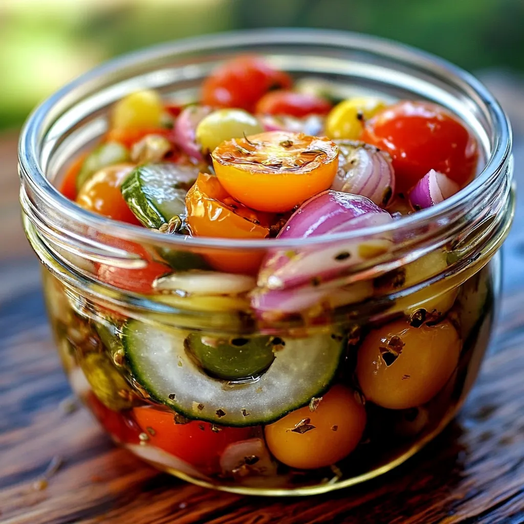 Frasco de tomates cherry, cebolla roja y pepinos en escabeche casero