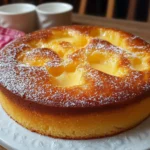 Torta de limón casera sobre una rejilla, recién salida del horno y espolvoreada con azúcar glas