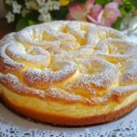 Torta matera casera con hilos de crema pastelera dorada, servida en plato blanco sobre mesa de madera