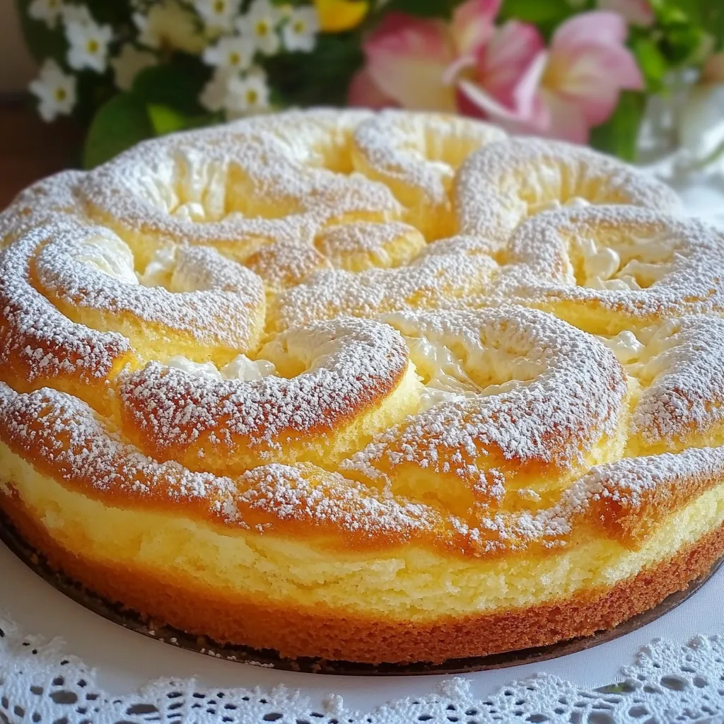 Torta matera casera con hilos de crema pastelera dorada, servida en plato blanco sobre mesa de madera