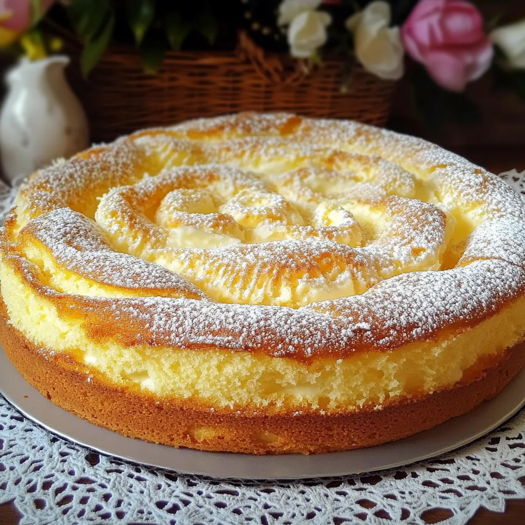 Torta matera casera con hilos de crema pastelera dorada, servida en plato blanco sobre mesa de madera