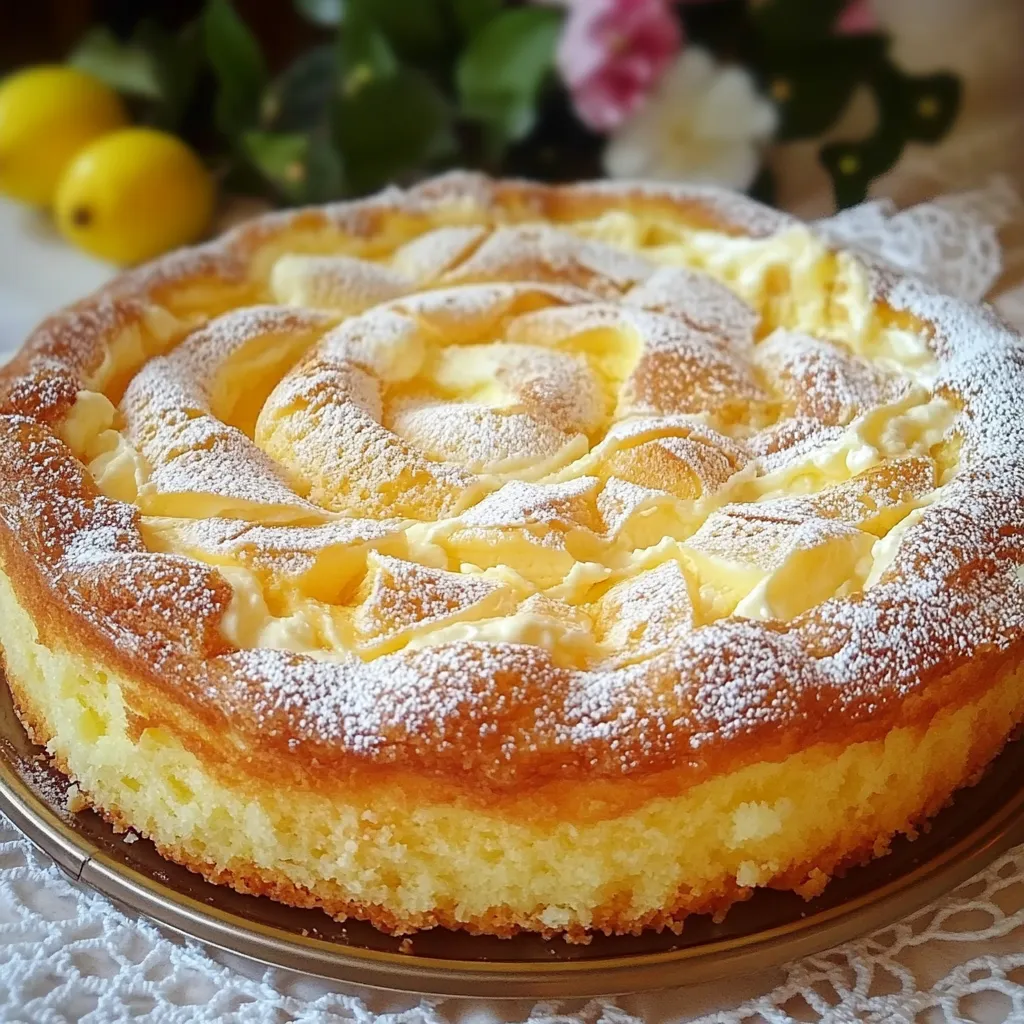 Torta matera casera con hilos de crema pastelera dorada, servida en plato blanco sobre mesa de madera