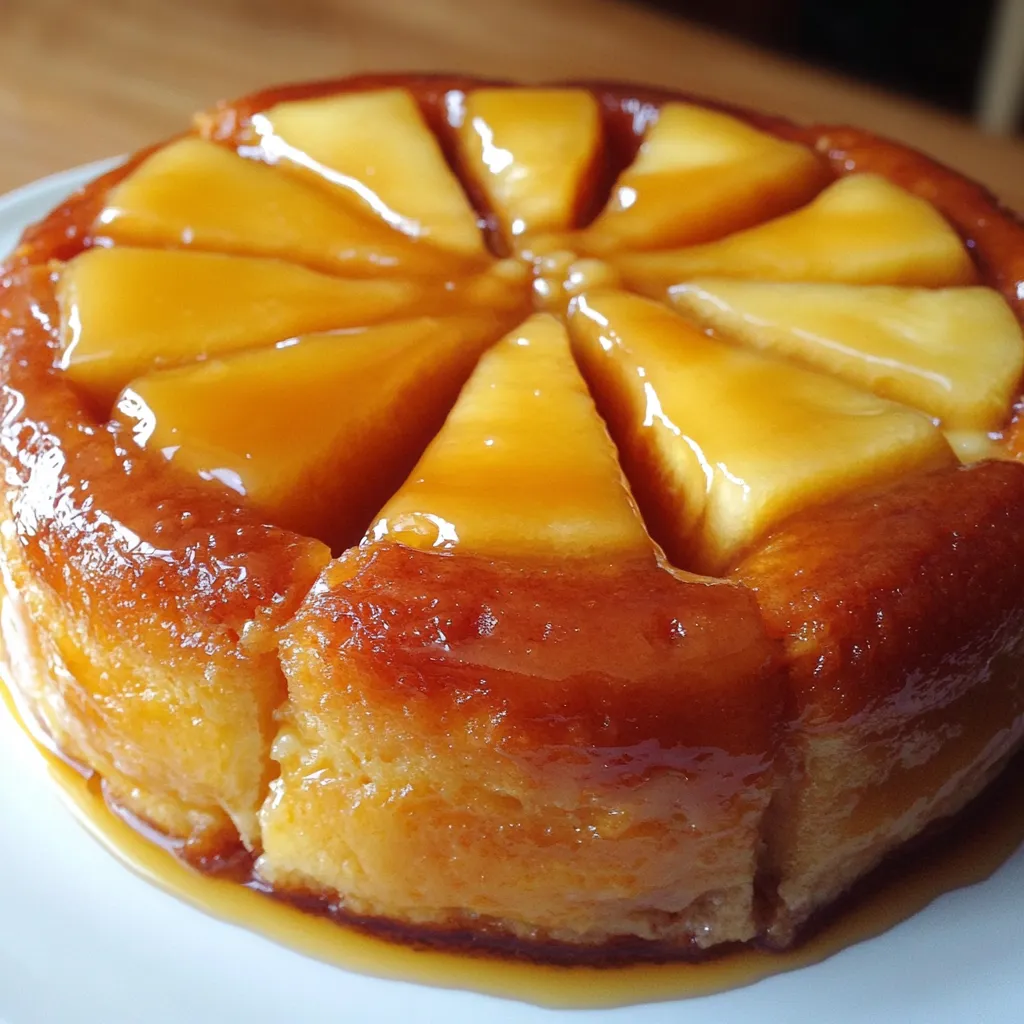 Torta de manzana invertida recién horneada, con rodajas caramelizadas visibles en la parte superior