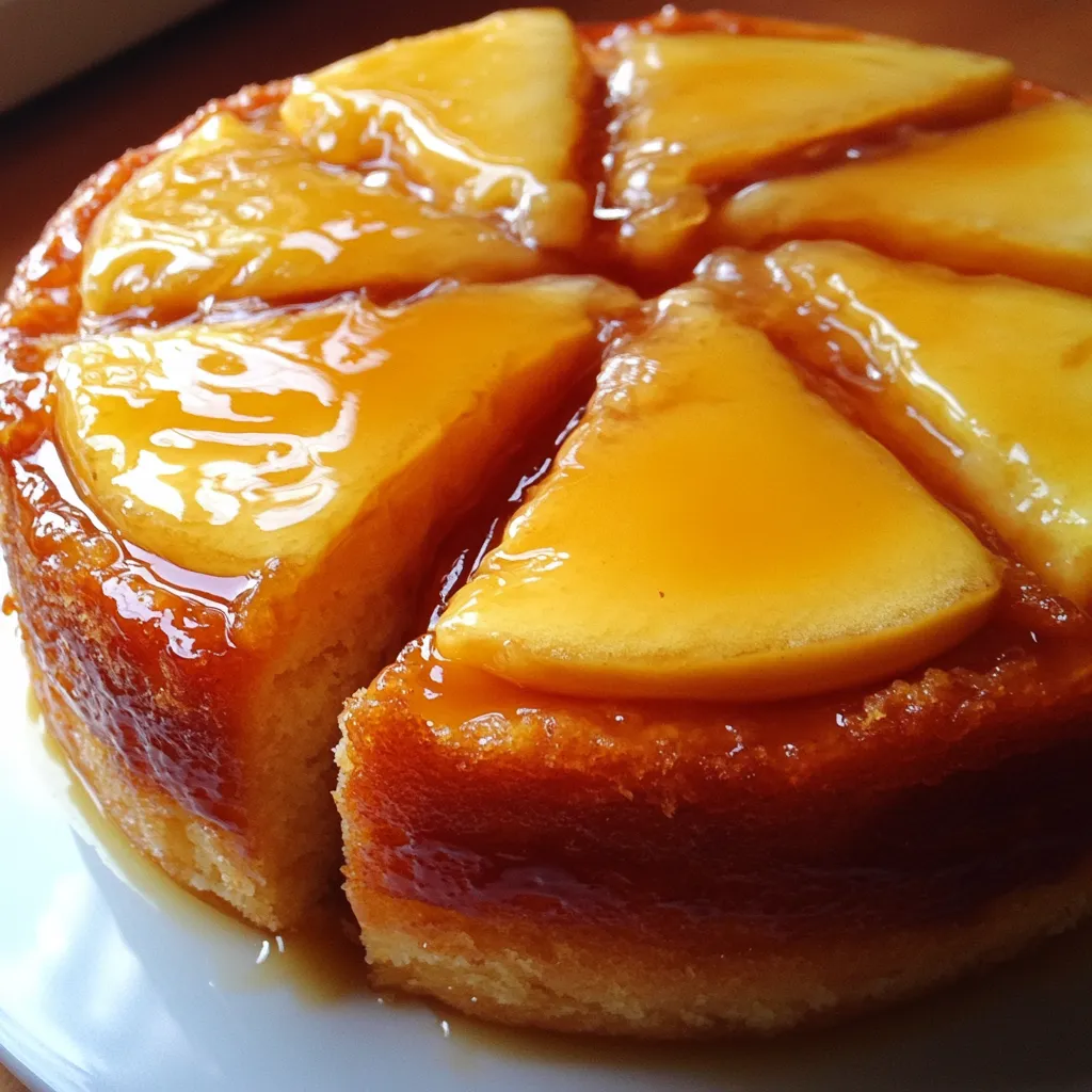 Torta de manzana invertida recién horneada, con rodajas caramelizadas visibles en la parte superior