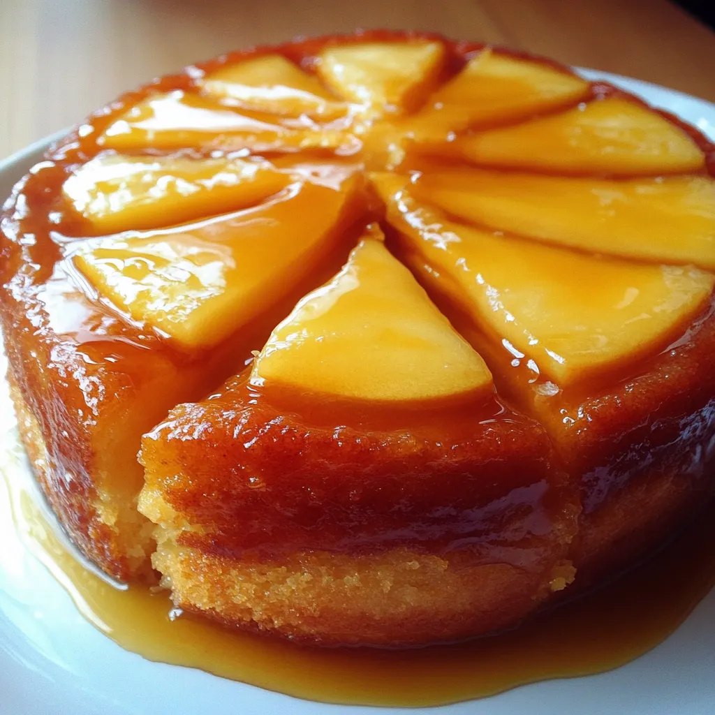 Torta de manzana invertida recién horneada, con rodajas caramelizadas visibles en la parte superior