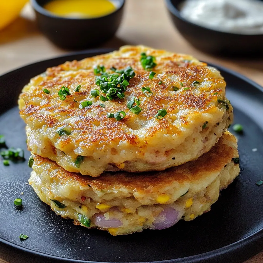Tortitas de atún doradas en sartén servidas con ensalada fresca