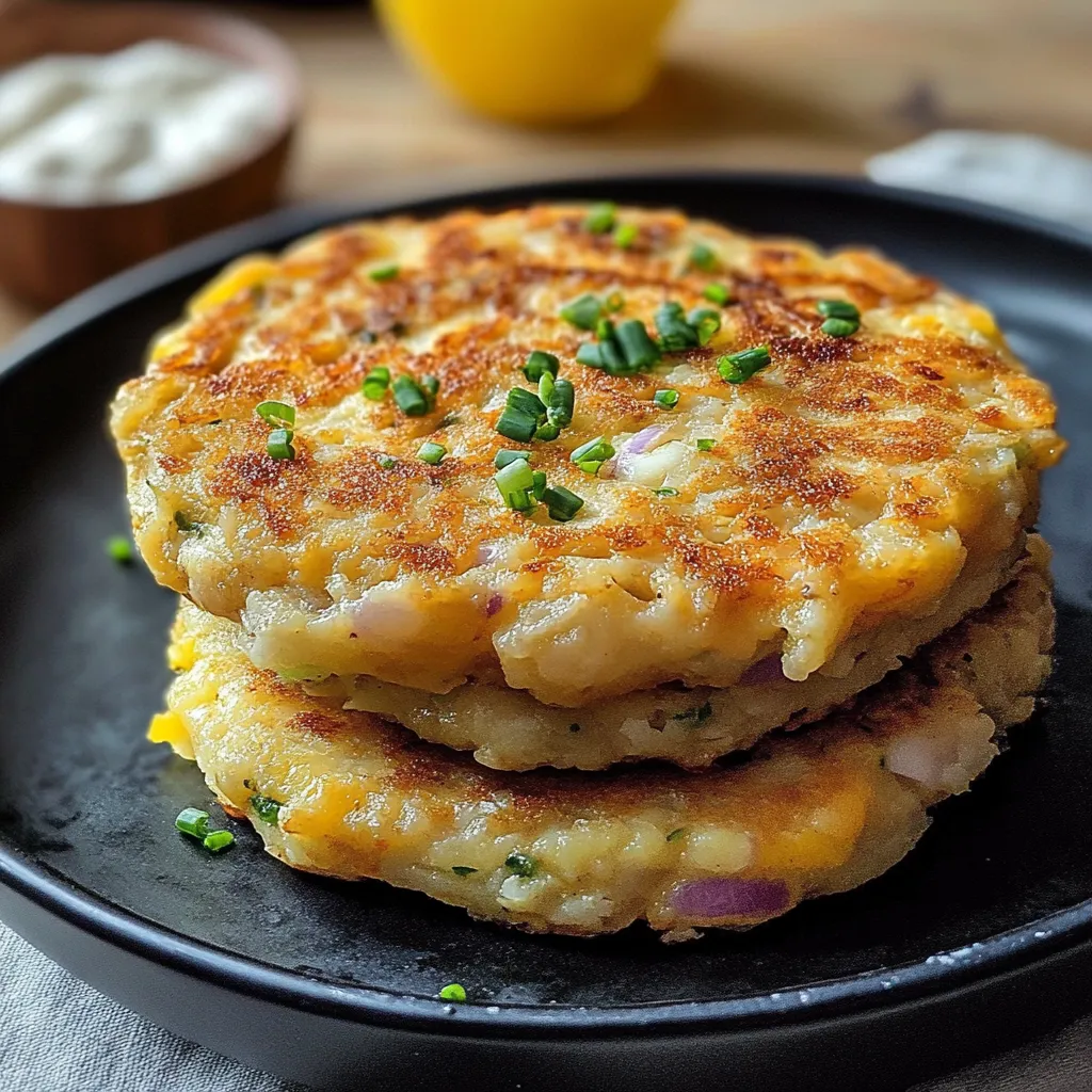 Tortitas de atún doradas en sartén servidas con ensalada fresca