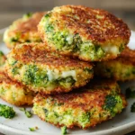 Tortitas de brócoli con queso recién cocinadas y servidas en un plato blanco