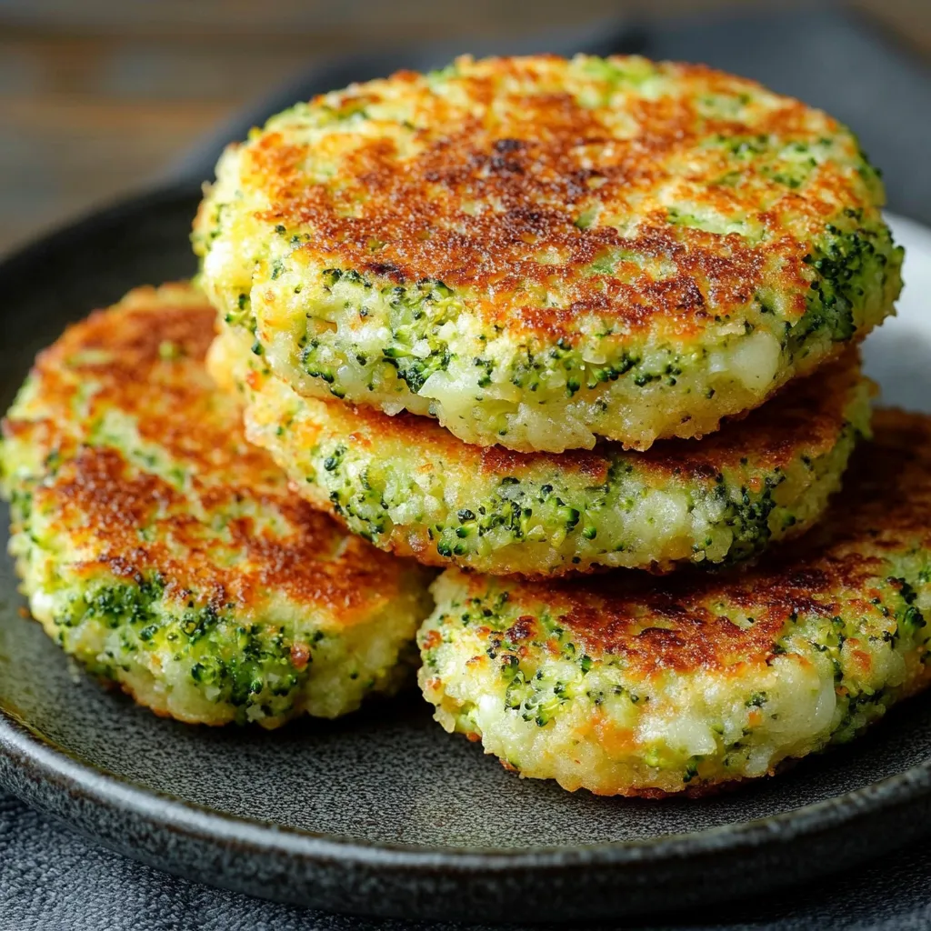 Tortitas de brócoli con queso recién cocinadas y servidas en un plato blanco
