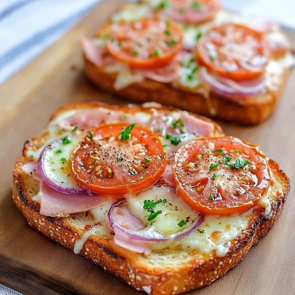 Tostadas de pizzas saludables con pan integral, tomate, jamón de pavo y queso derretido
