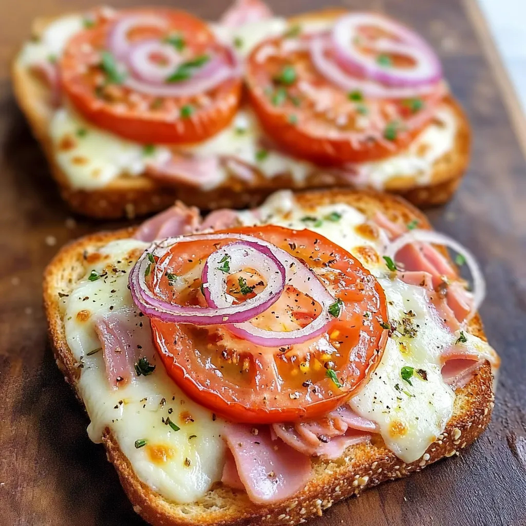 Tostadas de pizzas saludables con pan integral, tomate, jamón de pavo y queso derretido