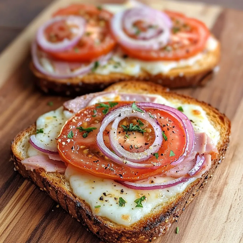 Tostadas de pizzas saludables con pan integral, tomate, jamón de pavo y queso derretido