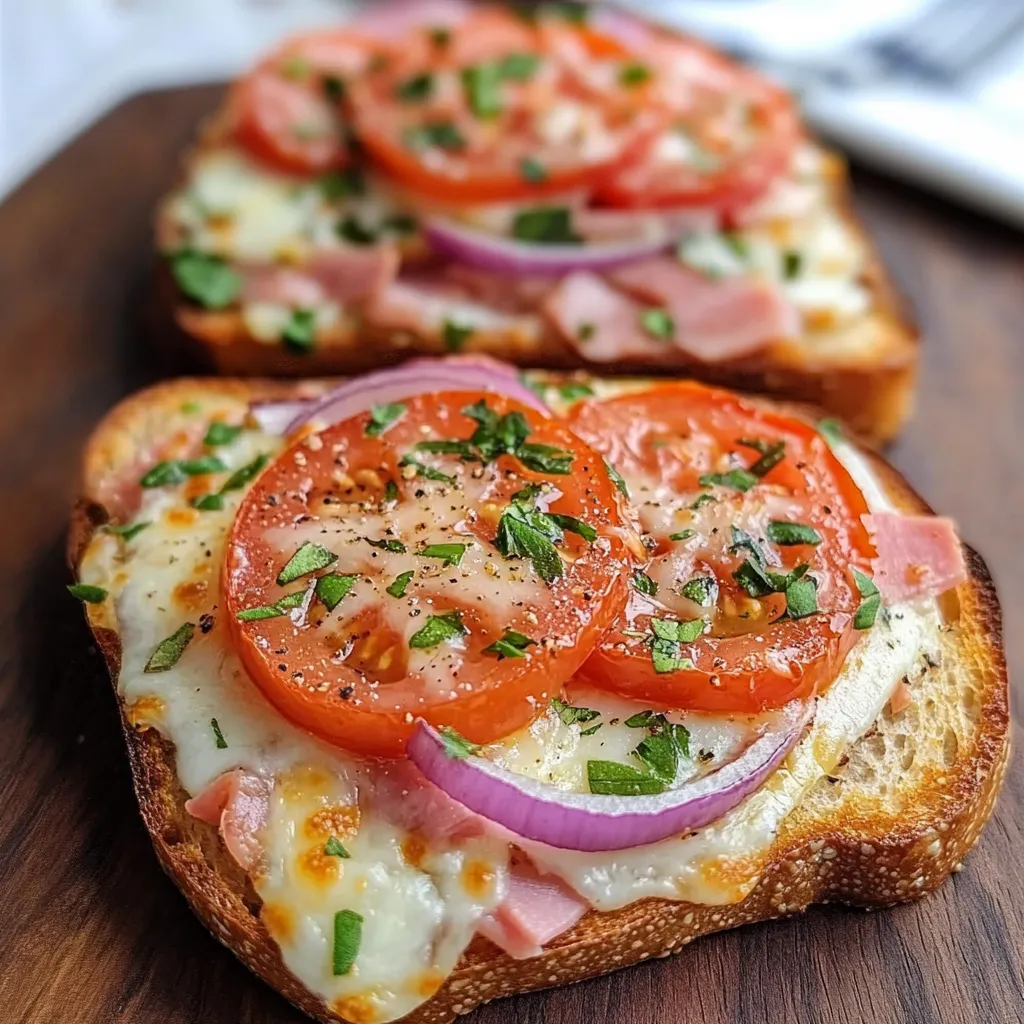 Tostadas de pizzas saludables con pan integral, tomate, jamón de pavo y queso derretido