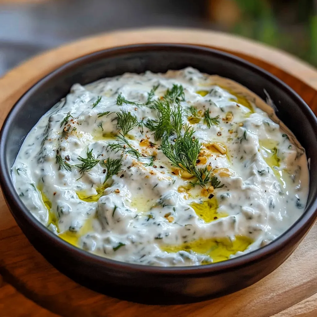 Salsa tzatziki casera en bol blanco con pan de pita y verduras frescas al fondo