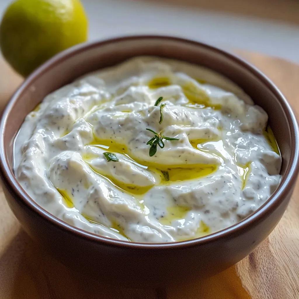 Salsa tzatziki casera en bol blanco con pan de pita y verduras frescas al fondo