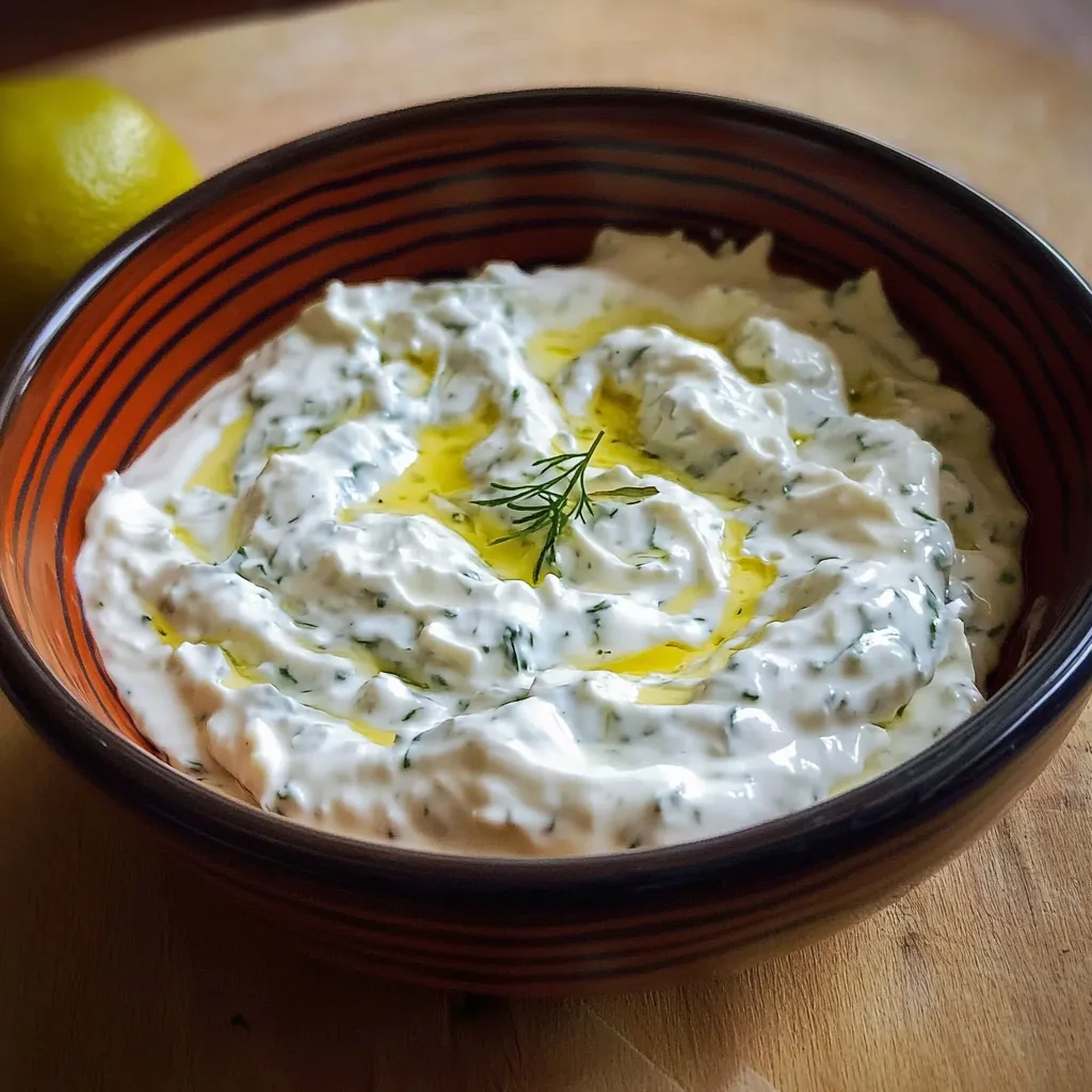 Salsa tzatziki casera en bol blanco con pan de pita y verduras frescas al fondo